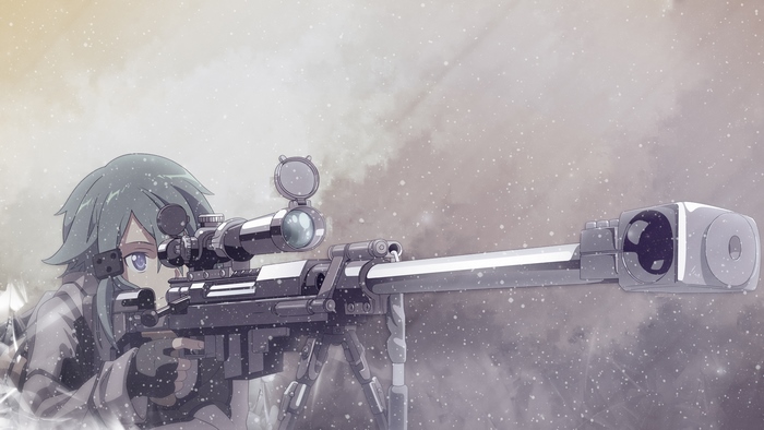 Sinon Sniper Rifle Aiming in Snowy Battlefield