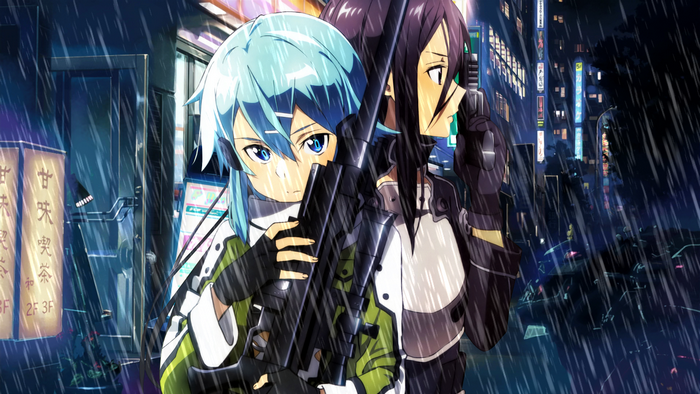 Sinon and Leafa from Sword Art Online in the rain