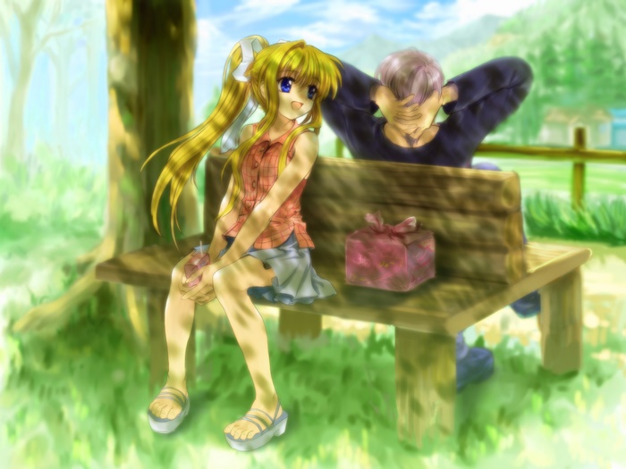 Misuzu Kamio sitting on a bench with a gift