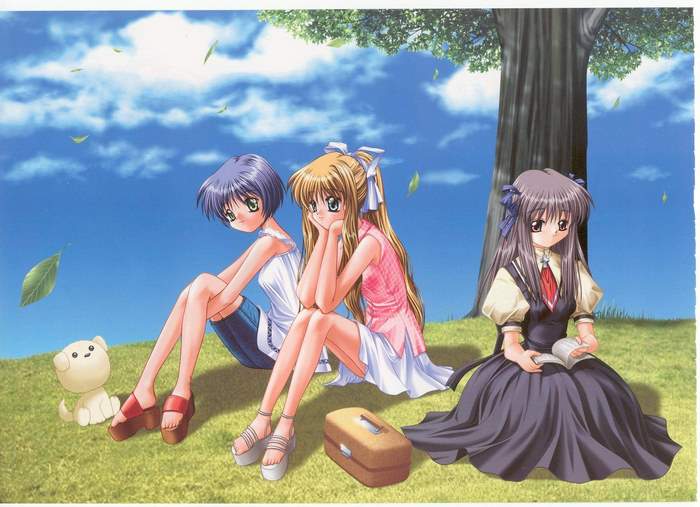 Misuzu Kamio and friends sitting under a tree