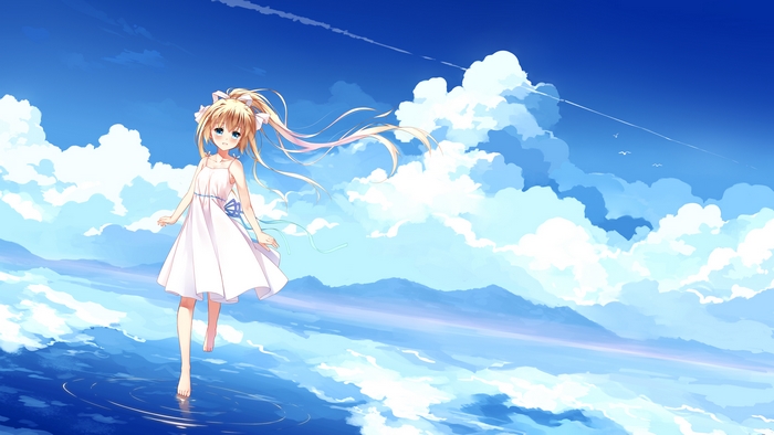 Misuzu Kamio in a white dress walking on water