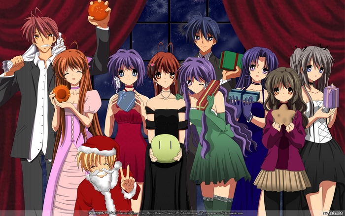 Clannad characters in festive attire with gifts