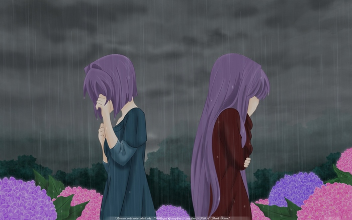 Kyou Fujibayashi in the rain with hydrangeas