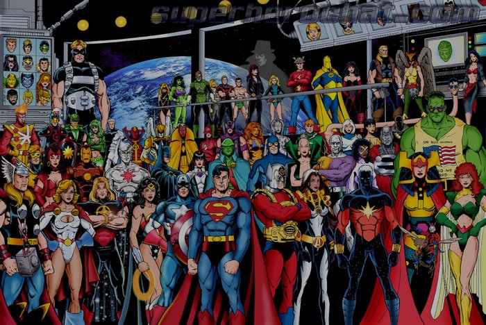 Group of superheroes in front of Earth