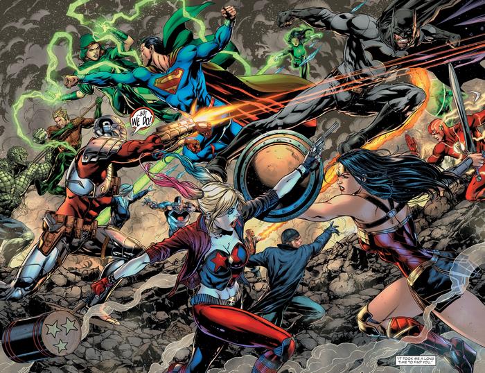DC Comics characters fighting, including Superman, Batman, Wonder Woman, Green Lantern, Flash, Aquaman, Harley Quinn, and Suicide Squad members