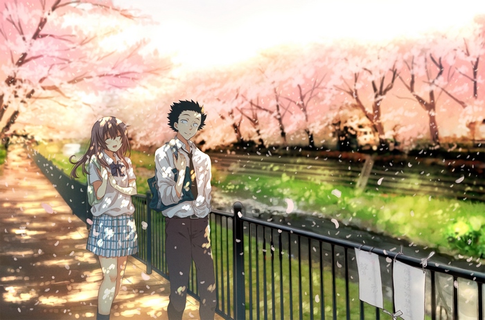Shouko Nishimiya and Shoya Ishida under cherry blossoms