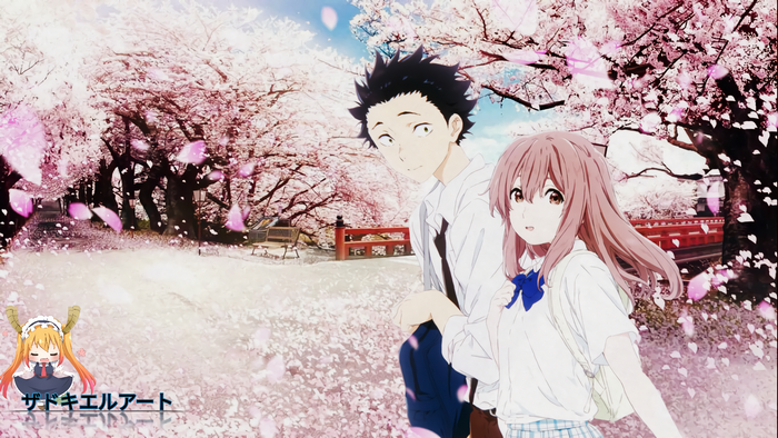 Shouko Nishimiya and Shoya Ishida under cherry blossoms