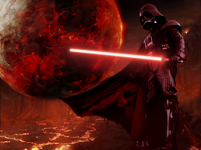 Darth Vader with red lightsaber on a fiery planet