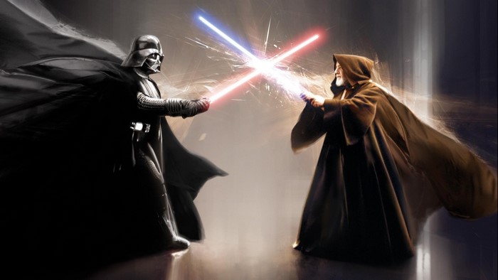 Darth Vader and Obi-Wan Kenobi duel with lightsabers