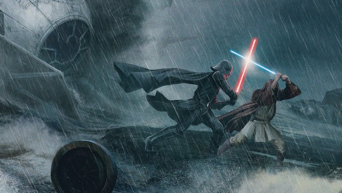 Darth Vader and Obi-Wan Kenobi duel in the rain