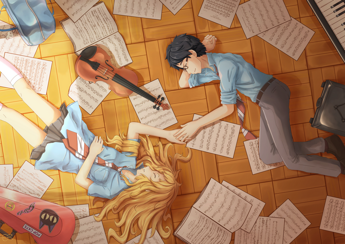 Kousei Arima and Kaori Miyazono lying on sheet music