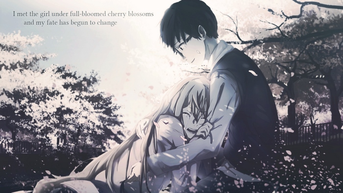 Kousei Arima and Kaori Miyazono under cherry blossoms
