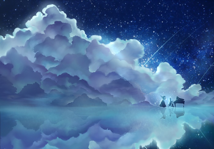 Kousei Arima playing piano under starry sky