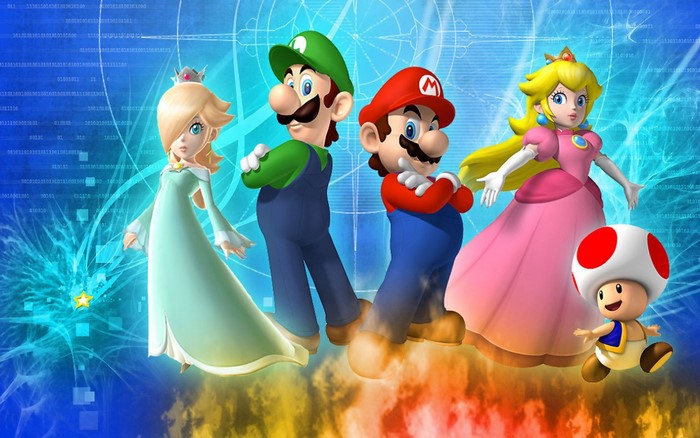 Mario, Luigi, Princess Peach, Rosalina, and Toad