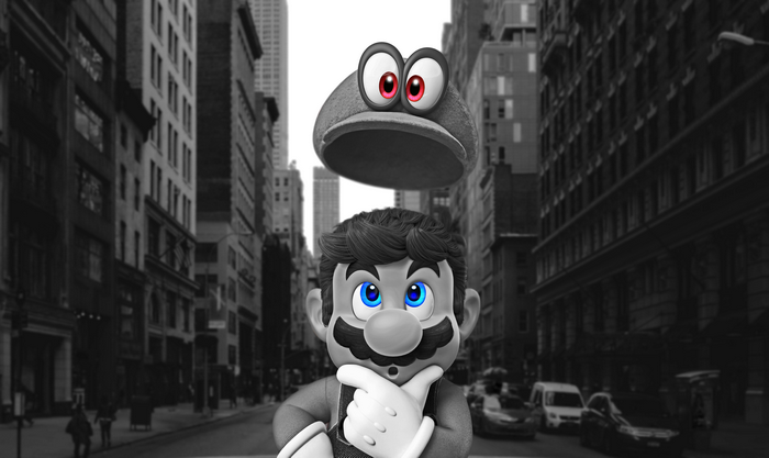 Mario from Super Mario Odyssey in a city