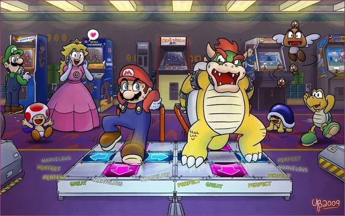 Mario characters playing dance arcade games
