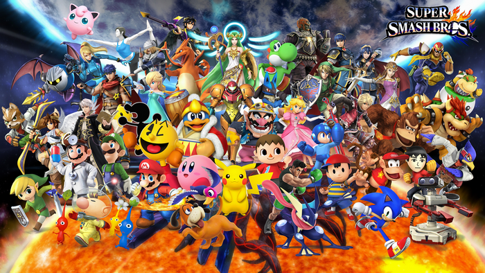 Super Smash Bros. characters on a fiery planet