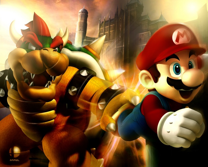 Mario and Bowser from Super Mario in front of a castle