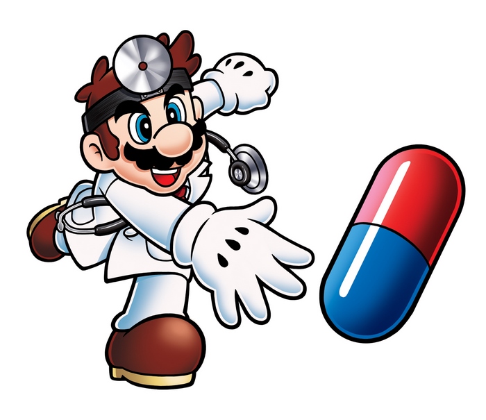 Dr. Mario from Super Mario holding a pill