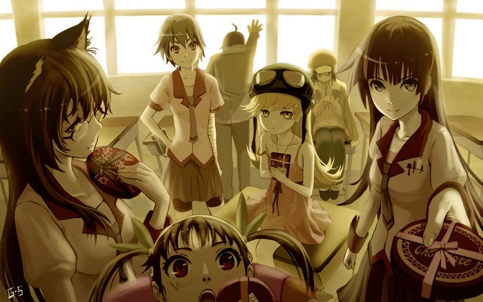 Hitagi Senjougahara and friends in a classroom
