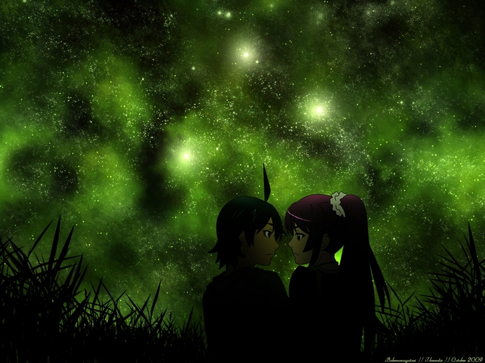 Hitagi Senjougahara under a green starry sky