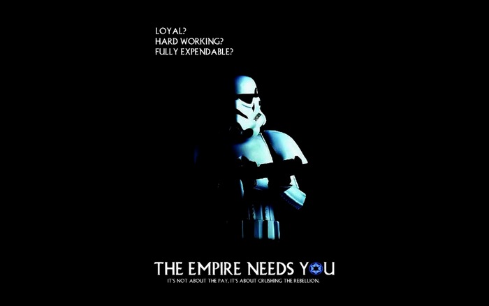 Stormtrooper from Star Wars with recruitment slogan