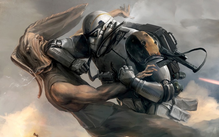 Stormtrooper fighting an alien creature