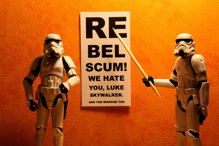 Stormtroopers with a sign about Luke Skywalker