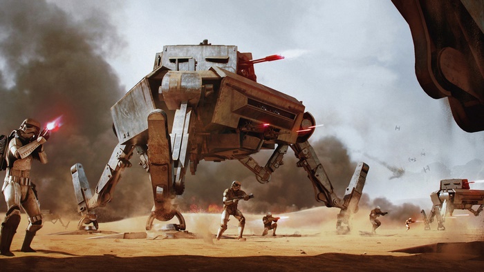 Stormtroopers and AT-ST walkers in battle