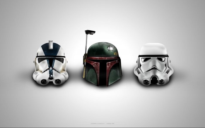 Star Wars helmets: Stormtrooper, Boba Fett, Clone Trooper