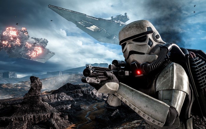Stormtrooper aiming a rifle with Star Destroyers in the background