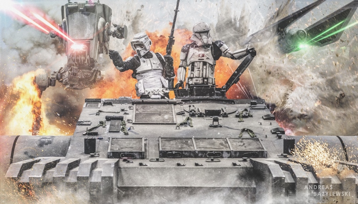 Stormtroopers in battle with AT-ST and TIE Fighter