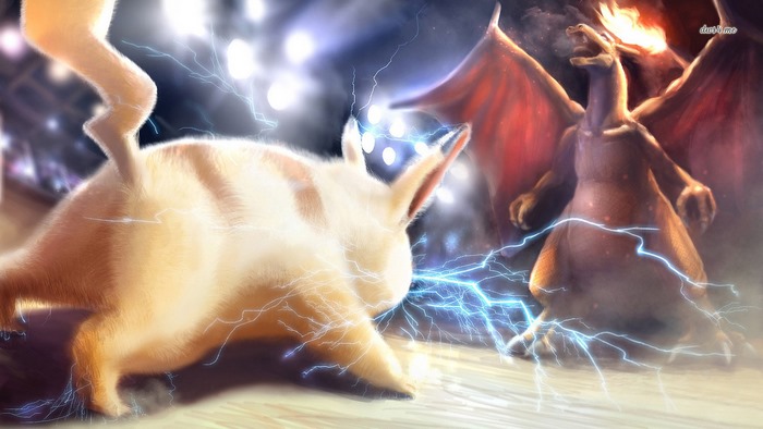 Pikachu and Charizard battling with lightning and fire