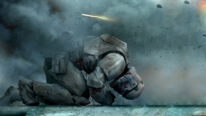 Stormtrooper kneeling in smoke