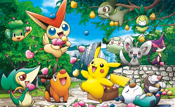 Pokemon with fruits and berries in a forest