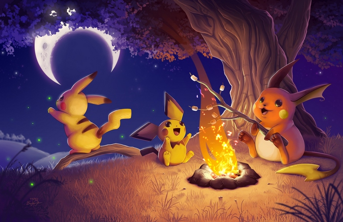 Pikachu and Raichu roasting marshmallows by a campfire under the moon