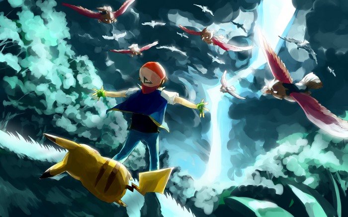 Ash and Pikachu with Pidgey flock