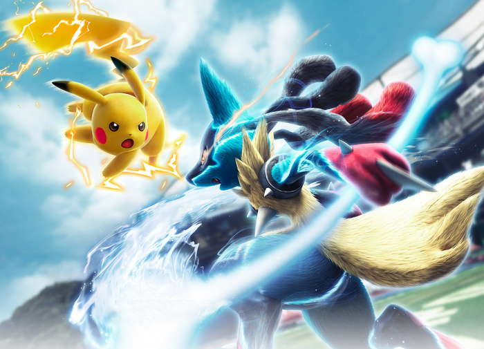 Pikachu and Lucario battling with electric and water attacks