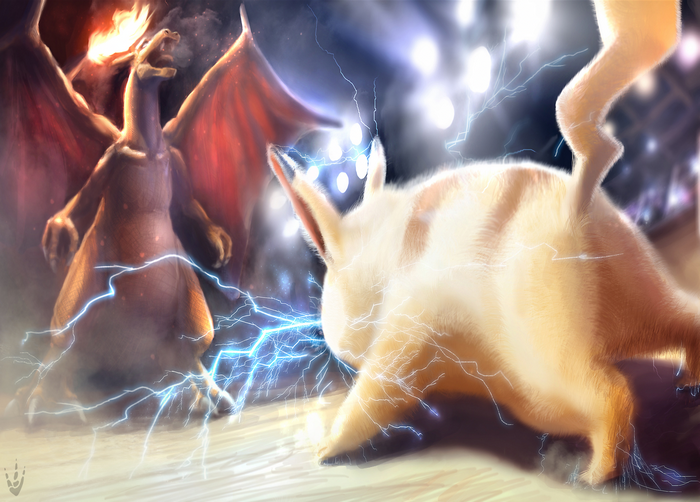 Pikachu and Charizard battling with lightning and fire