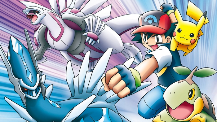 Ash and Pikachu with Dialga and Palkia from Pokémon