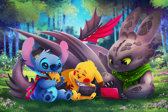 Stitch, Pikachu, and Toothless playing video games