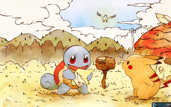 Squirtle and Pikachu in a field