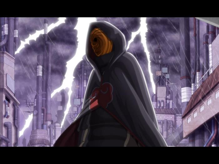 Tobi from Naruto in a city during a storm