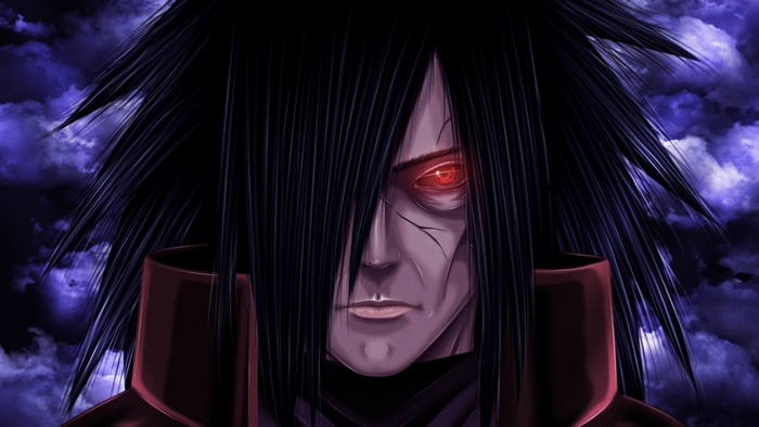 Madara Uchiha with Glowing Red Eye in Dark Clouds