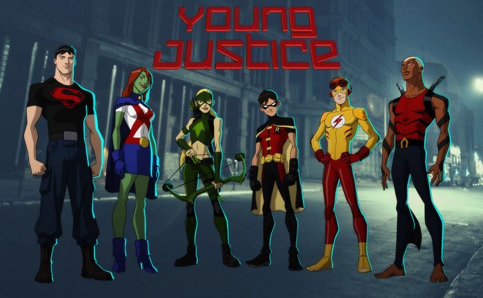 Young Justice team standing in a city street