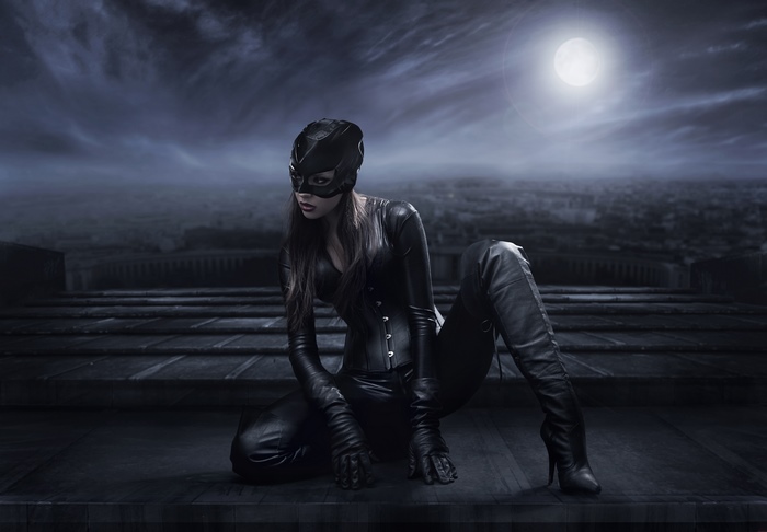 Catwoman on a rooftop at night