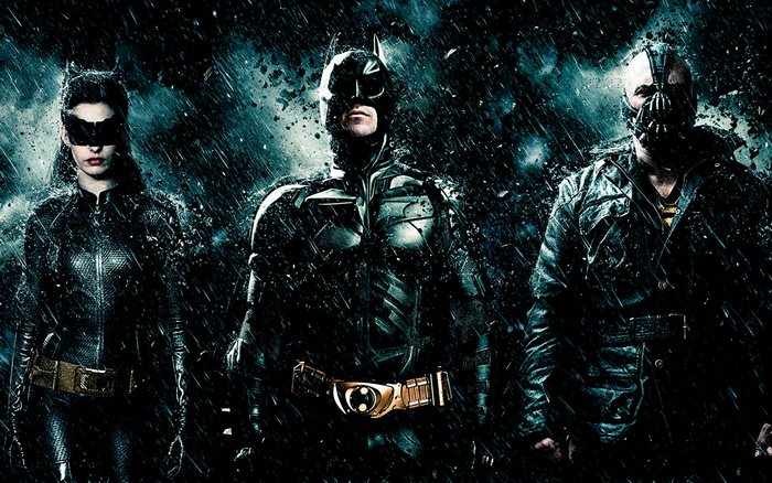 Catwoman, Batman, and Bane from The Dark Knight Rises
