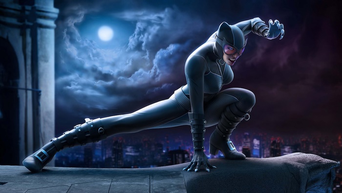 Catwoman from Batman crouches on a rooftop at night