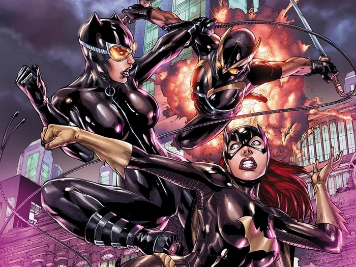 Catwoman, Batgirl, and Huntress in action