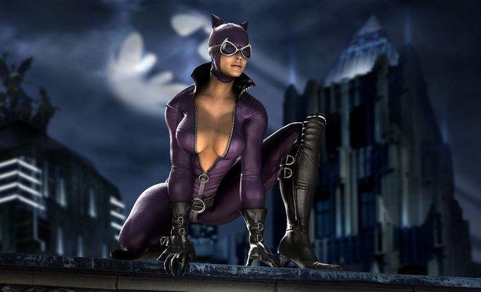 Catwoman from Batman crouches on a rooftop at night